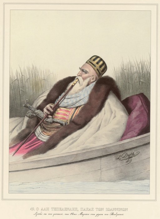A portrait of Ali Pasha of Ioannina (Ali Pasha Tepedelenli), drawn from life by French artist Louis Dupré at Butrint Lake in 1819.
