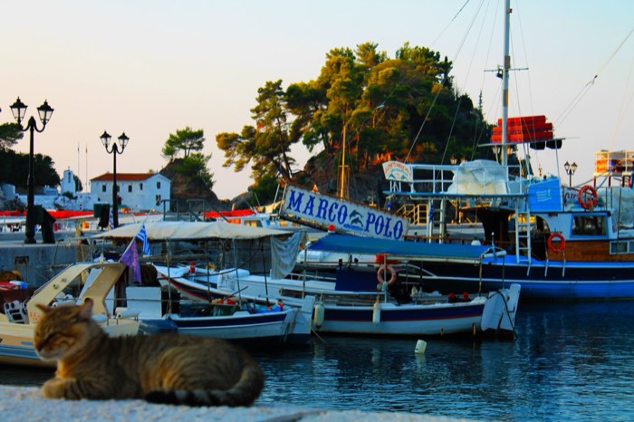The harbour of the old town of Parga, Greece, with boats moored along the waterfront below the hillside town.